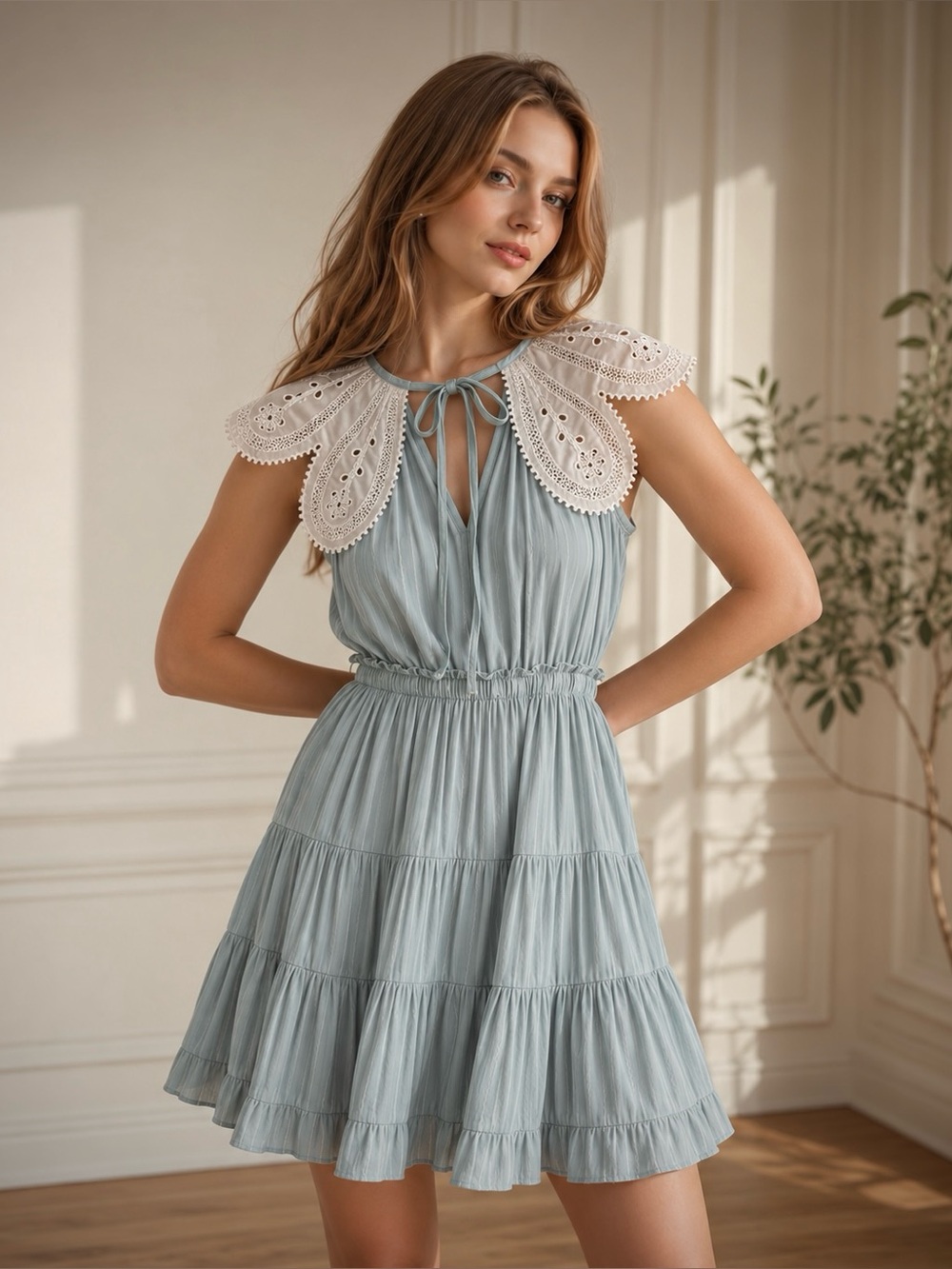 Current Air Blue Eyelet Coquette Mini Dress Cottagecore Whimsical Romantic Small